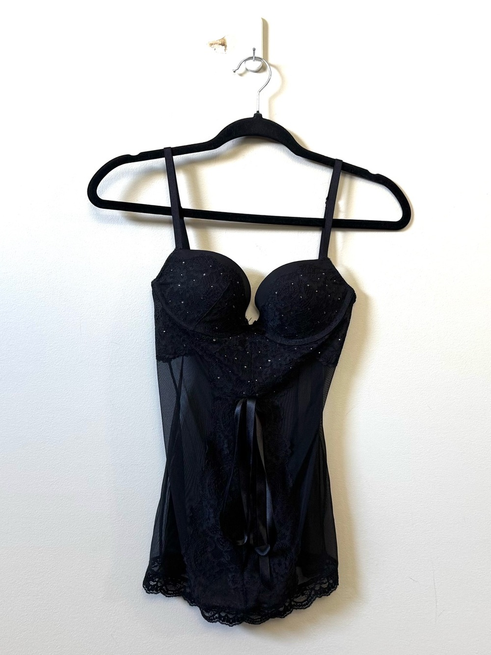 Victoria’s Secret sexy black lace $ mesh rhinestones bustier top